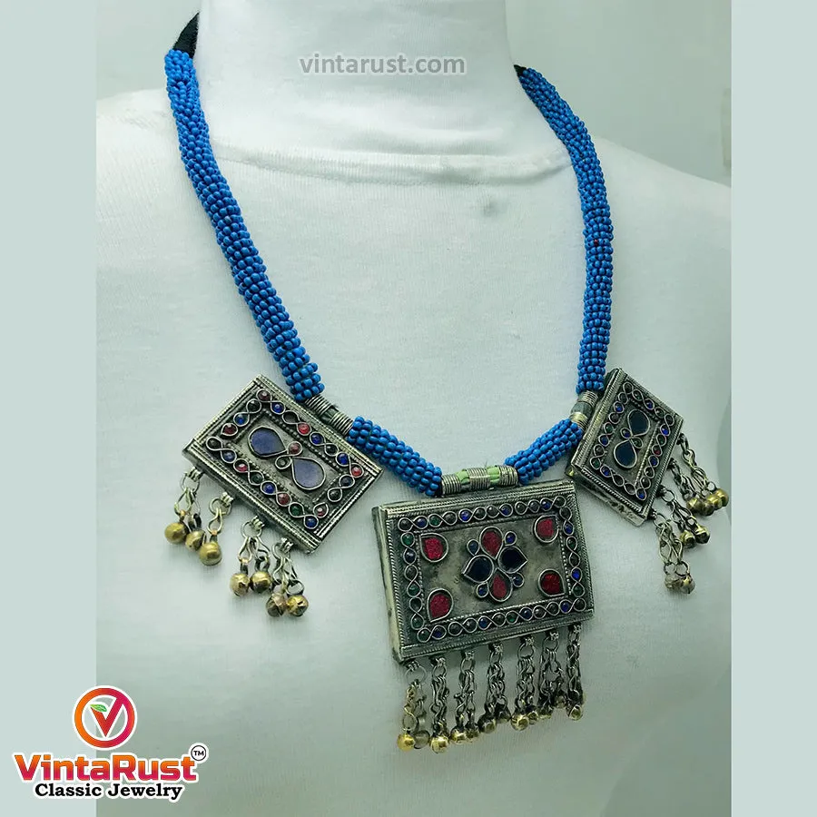 Tribal Blue Beaded Necklace With Dangling Pendant