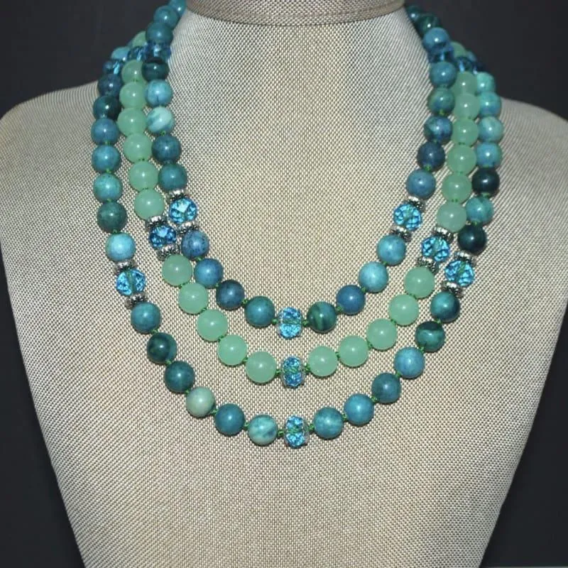 Unique Crazy LaceGreen Jade Three Strands Necklace