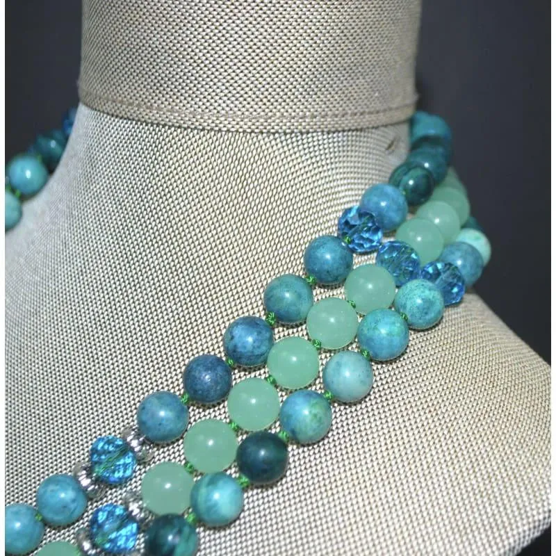 Unique Crazy LaceGreen Jade Three Strands Necklace