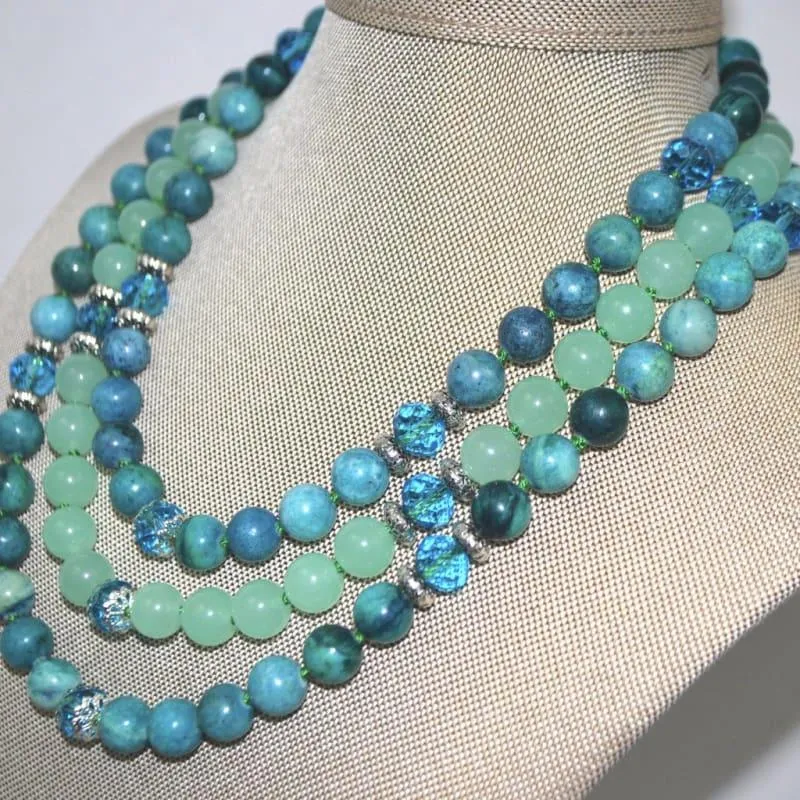 Unique Crazy LaceGreen Jade Three Strands Necklace