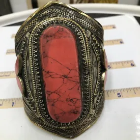 Vintage Coral Stone Big Tribal Cuff Bracelet