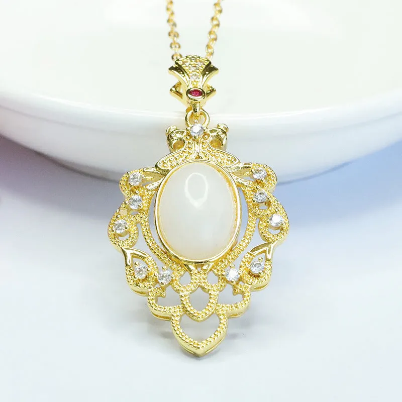 White Jade Leaf Pendant with Sterling Silver Needle