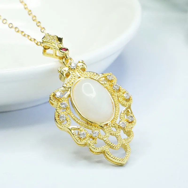 White Jade Leaf Pendant with Sterling Silver Needle