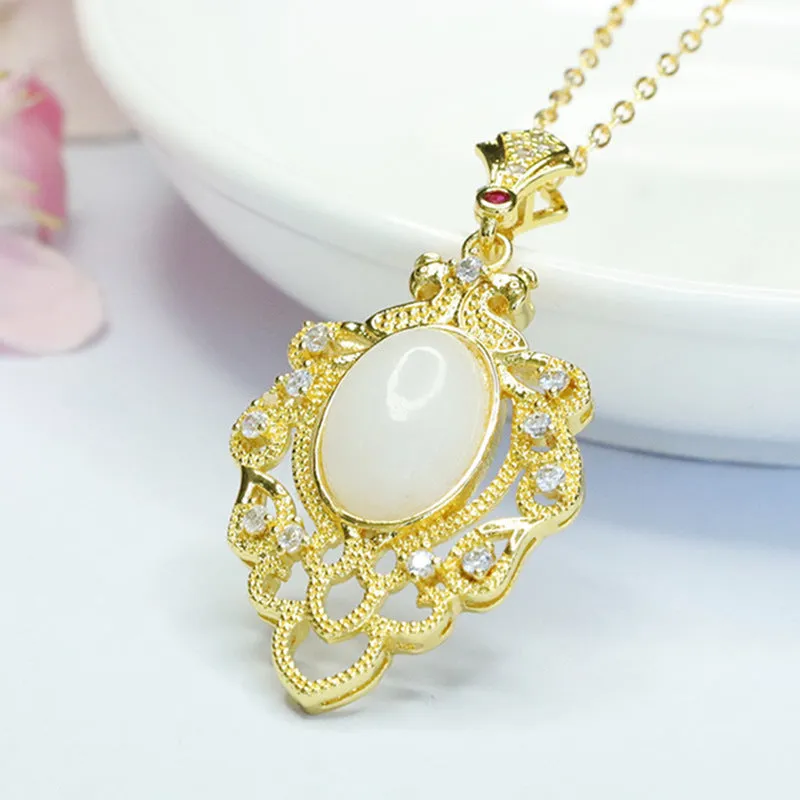 White Jade Leaf Pendant with Sterling Silver Needle